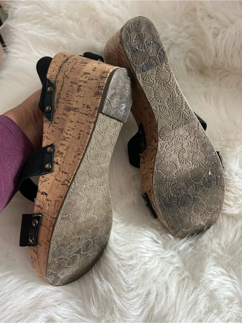 Esprit Black Elastic-Strap Cork Wedge Sandals with Ankle Wrap